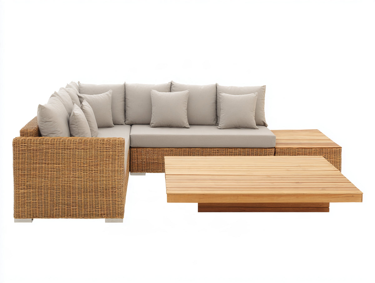 Sofás de exterior - Ratán sintético 260 x 220 x 75 cm - Marrón natural y beige con mesa de centro efecto madera