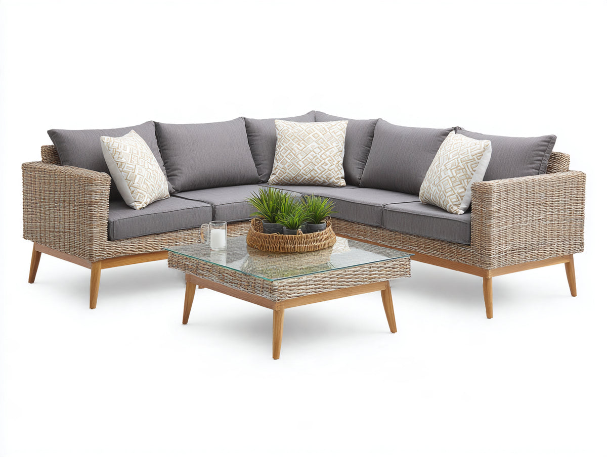 Sofás de exterior 260x260x78 cm - Ratán trenzado y madera - Natural-Gris - Diseño modular de esquina con mesa de centro cuadrada