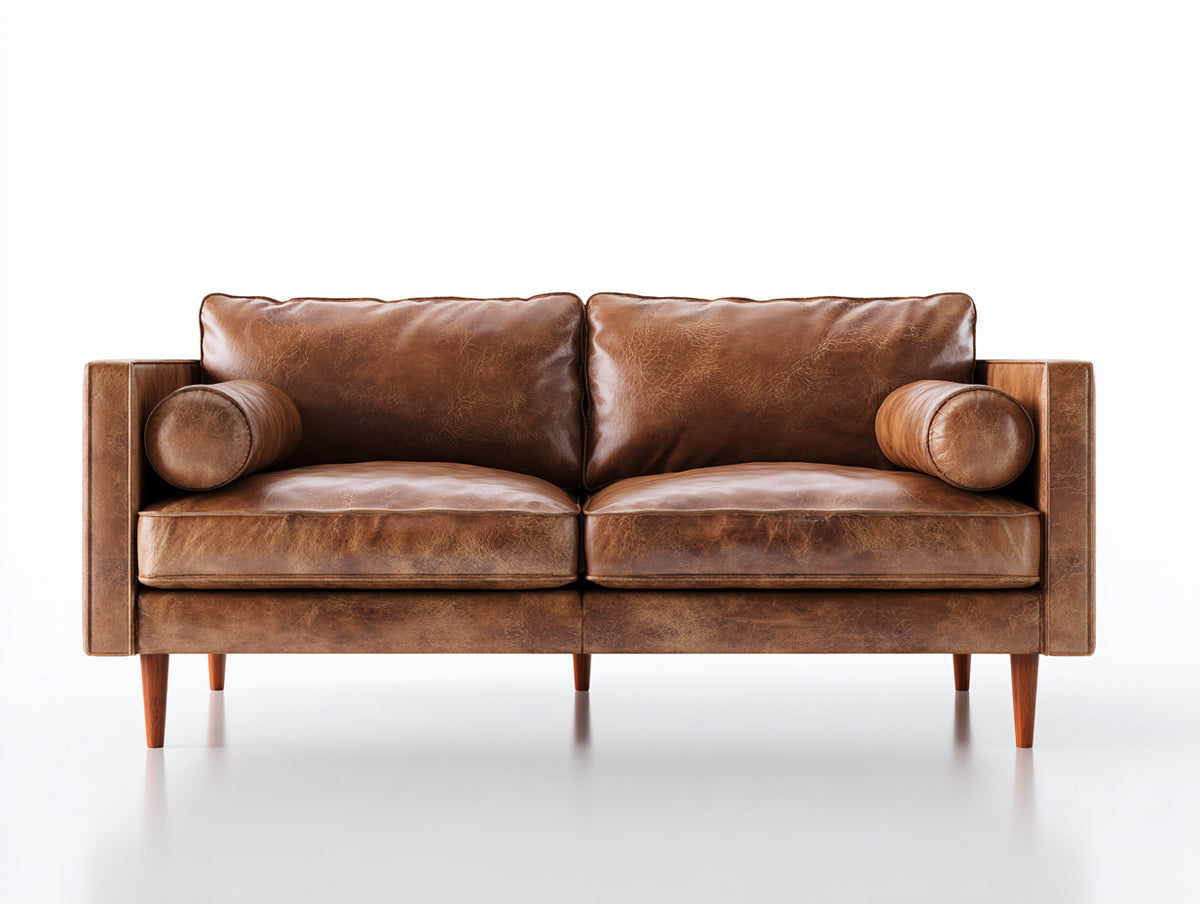 Sofás 2 plazas - Tapizado efecto cuero 175 x 88 x 82 cm - Marrón coñac con patas efecto madera y diseño contemporáneo