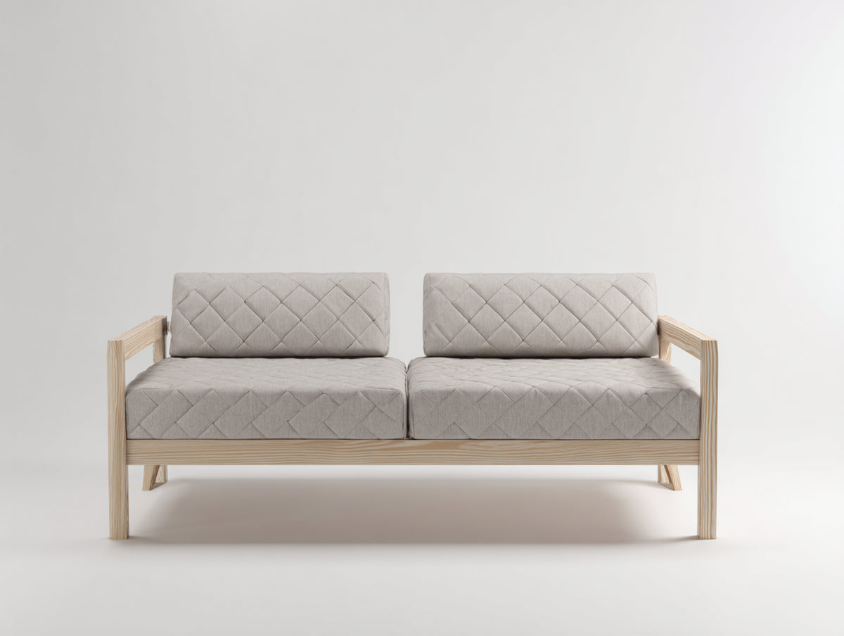 Sofás 2 plazas de tela 178x82x82 cm - beige y madera natural - diseño moderno con acolchado geométrico