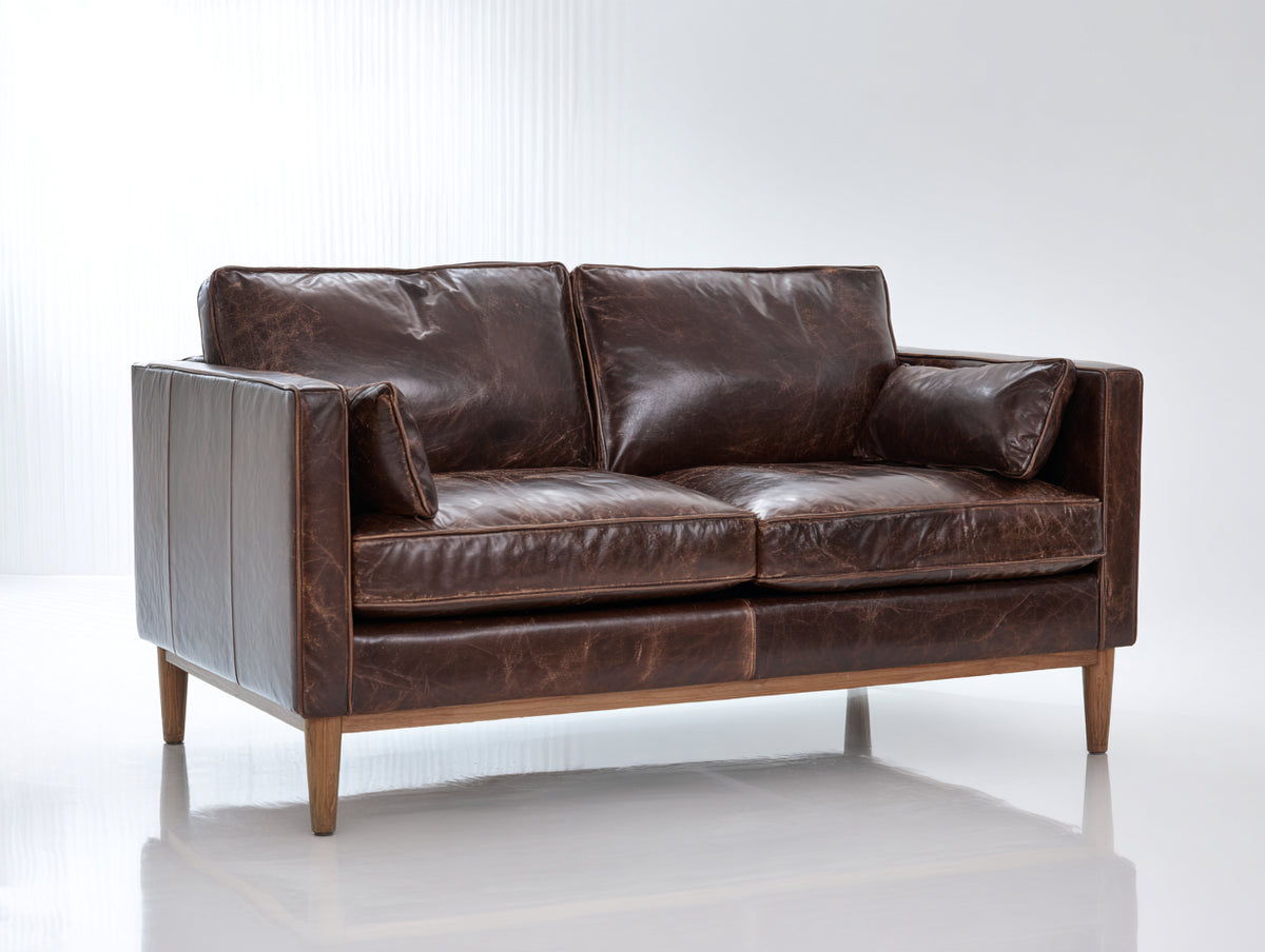 Sofás 2 plazas de cuero 180x88x83 cm - marrón oscuro - diseño moderno vintage con patas de madera