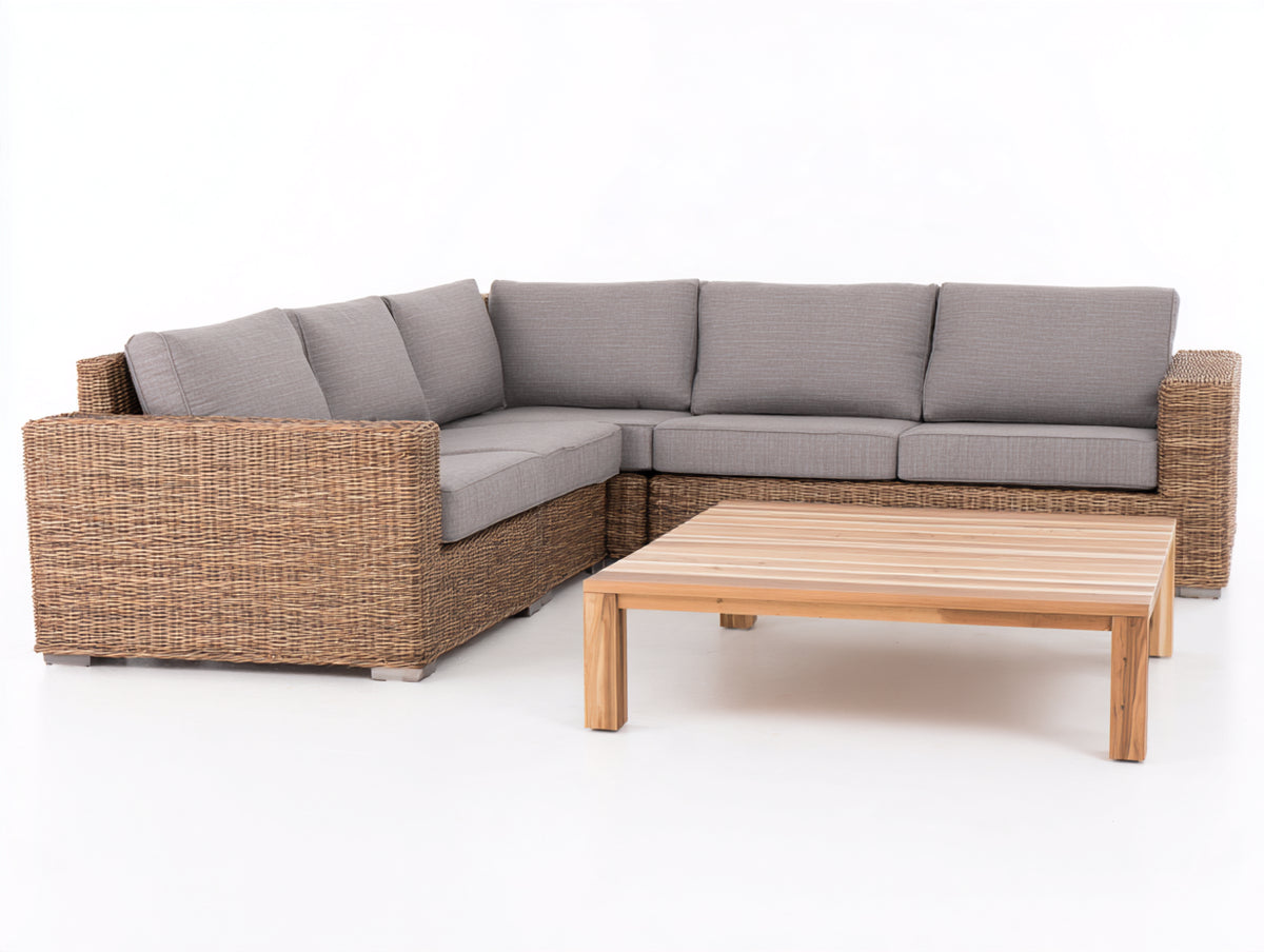 Sofás de exterior 270x210x78 cm - Ratán trenzado y madera - Natural-Gris - Diseño modular de esquina con mesa de centro rectangular