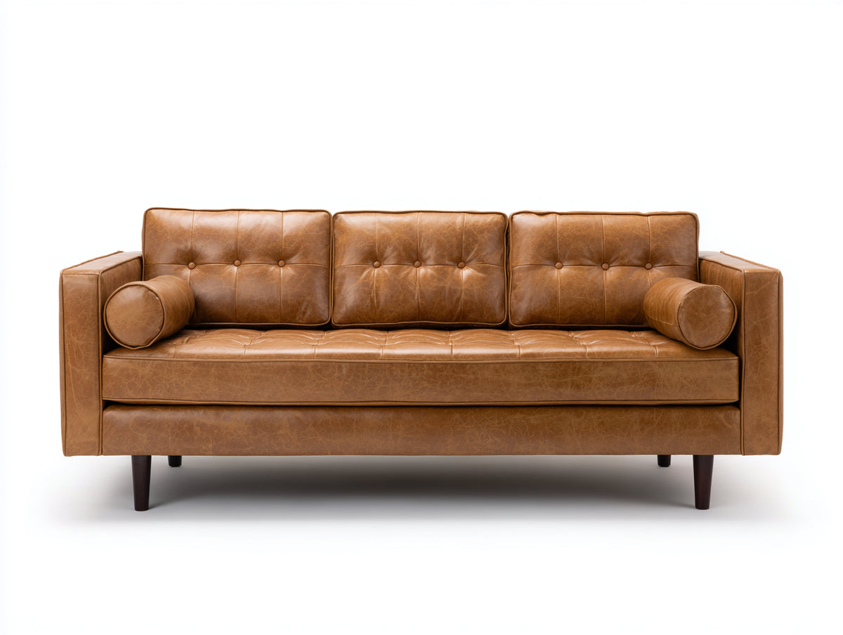 Sofás 3 plazas 210 x 88 x 82 cm - tapizado marrón efecto cuero - diseño clásico con respaldo capitoné