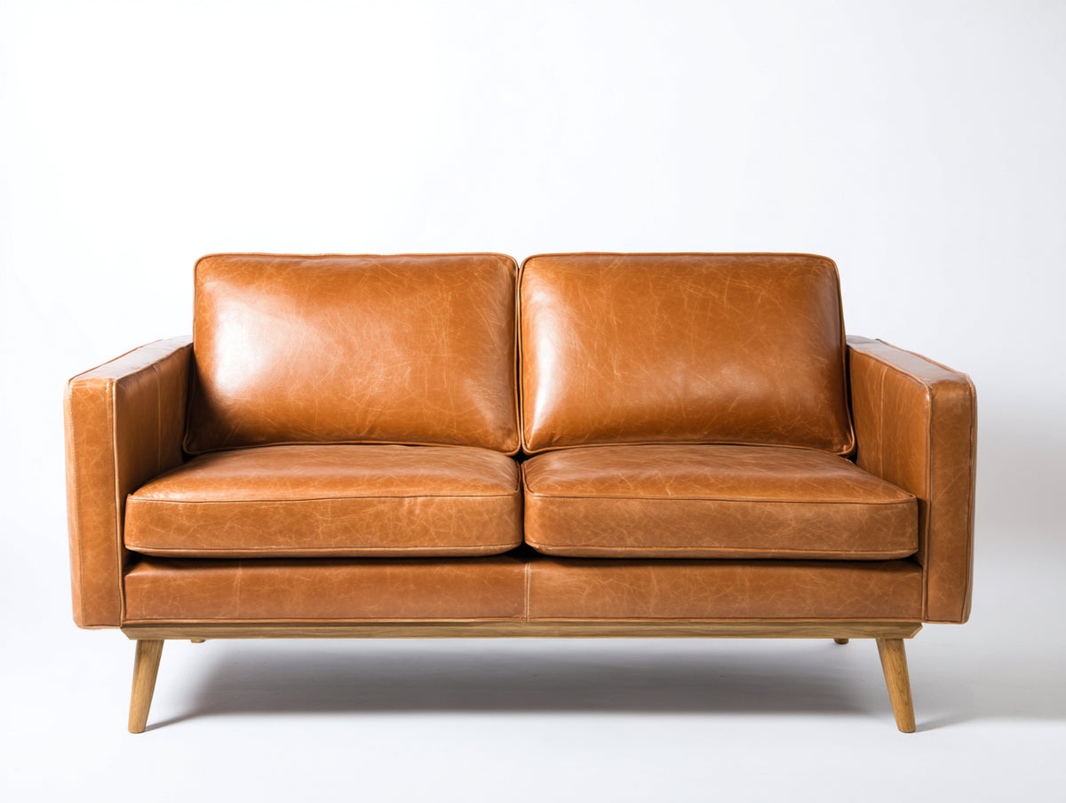 Sofás 2 plazas - Tapizado efecto cuero 176 x 86 x 82 cm - Marrón miel con patas efecto madera y diseño contemporáneo