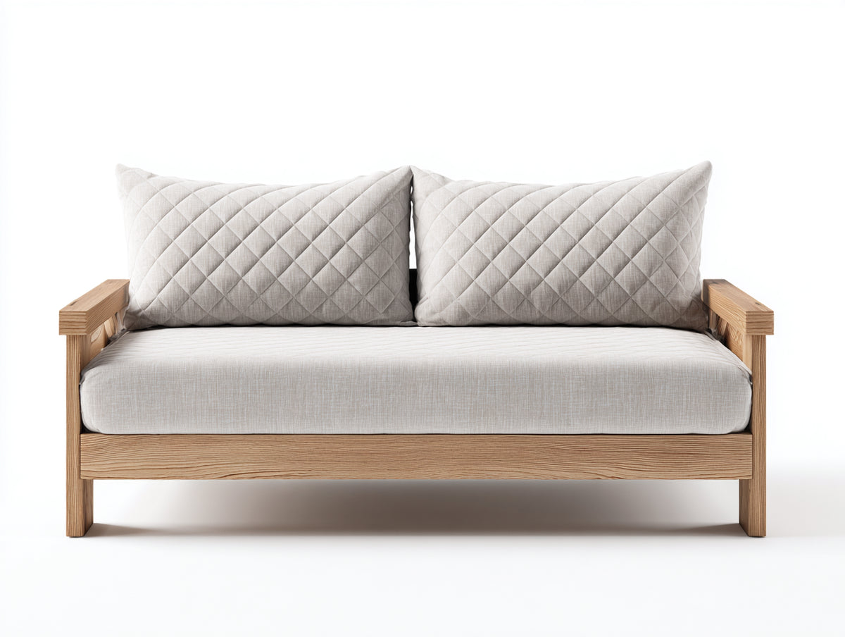 Sofás 2 plazas 165 x 82 x 78 cm - estructura de madera natural y tapizado beige claro - diseño abierto contemporáneo