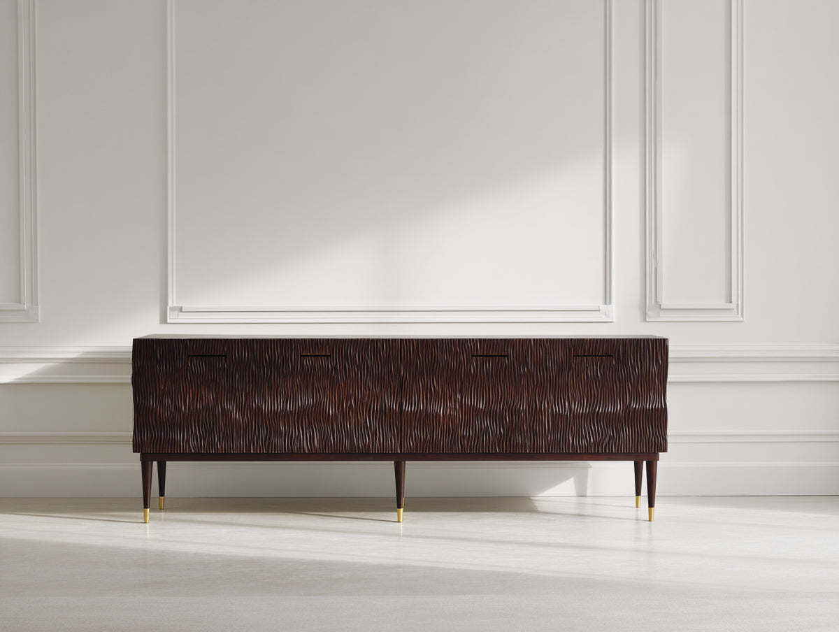 Mueble recibidor - Acabado efecto madera 200 x 45 x 75 cm - Marrón oscuro con 4 puertas y frentes texturizados