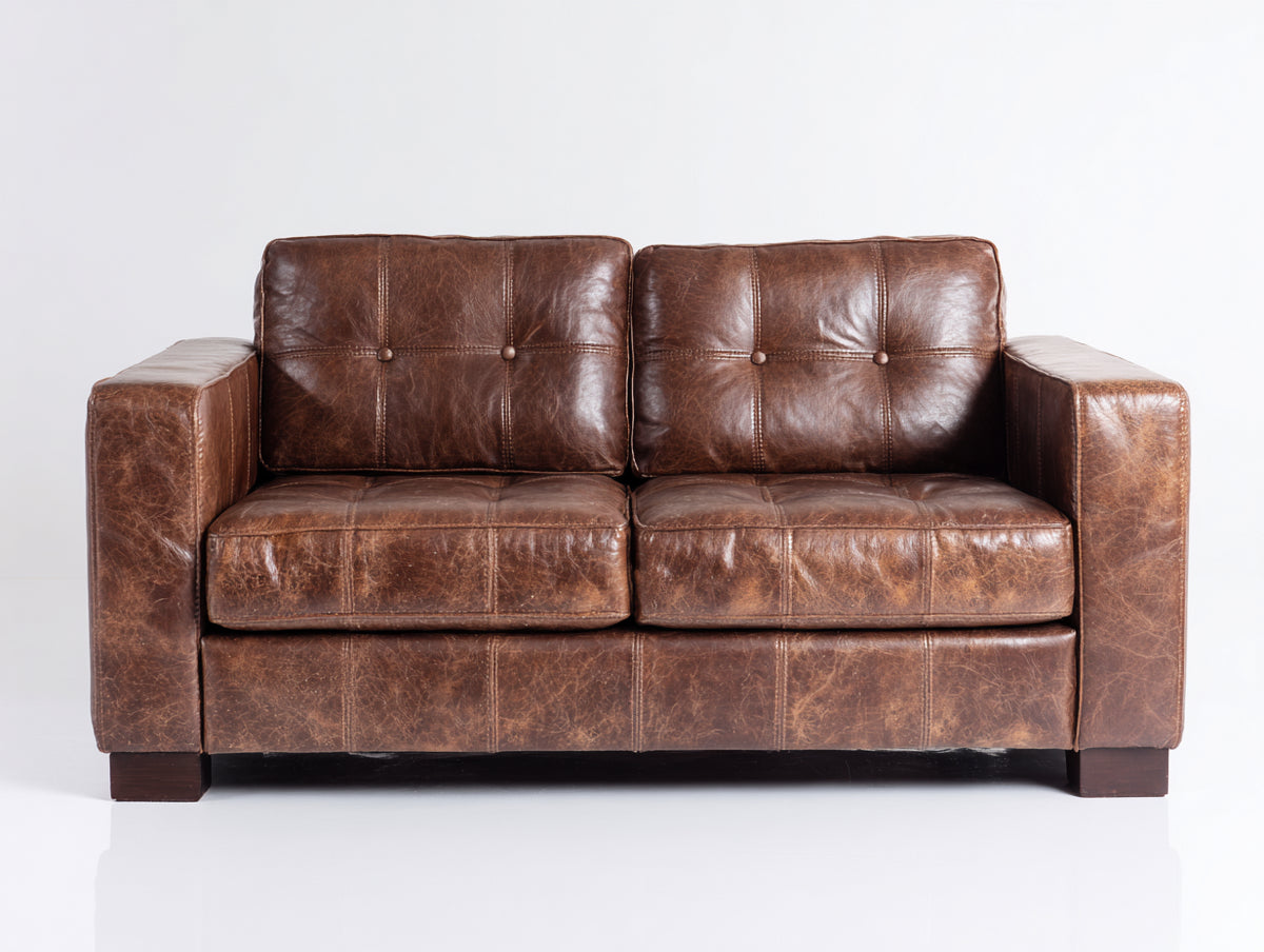 Sofás 2 plazas - Tapizado efecto cuero 175 x 88 x 84 cm - Marrón oscuro con capitoné discreto y patas oscuras