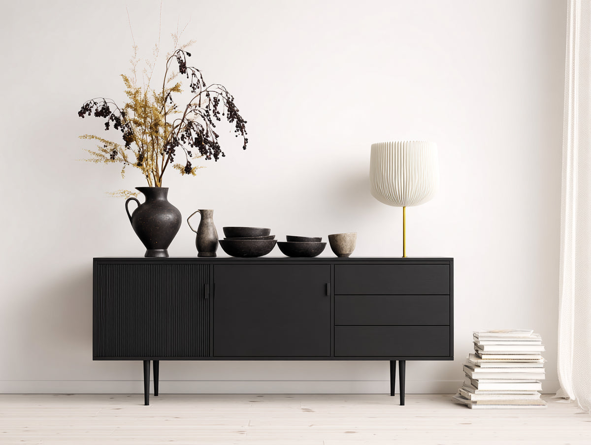 Mueble recibidor 170x40x82 cm - Madera y metal - Negro - Dos puertas y tres cajones con base elevada