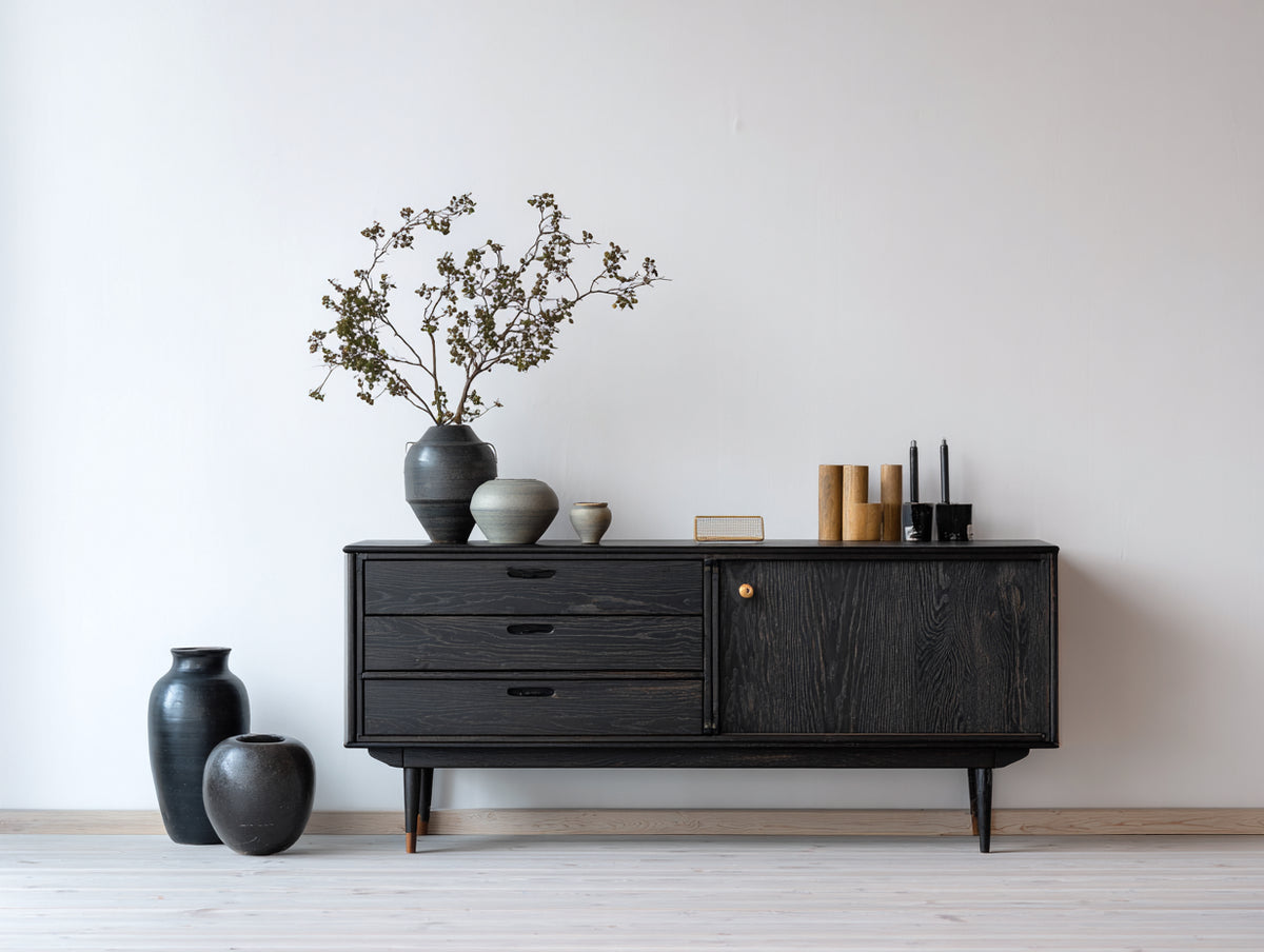 Mueble recibidor - Acabado efecto madera 180 x 45 x 82 cm - Negro y marrón oscuro con 1 puerta y 3 cajones de diseño moderno
