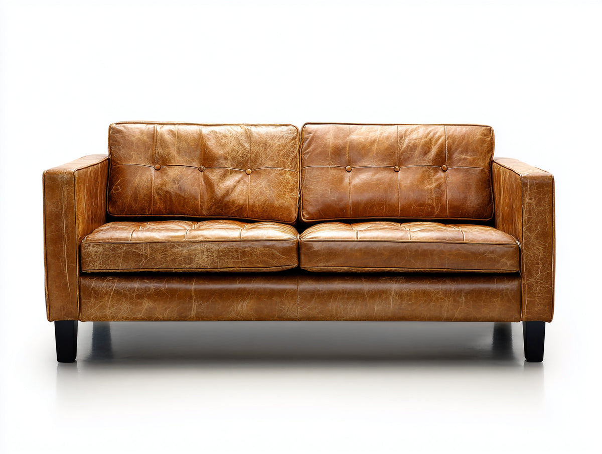 Sofás 2 plazas 180x90x85 cm - Cuero - Marrón miel - Diseño capitoné con patas oscuras