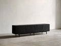 Mueble recibidor 200x42x72 cm - Madera y metal - Negro - Cuatro puertas con relieve horizontal y base elevada