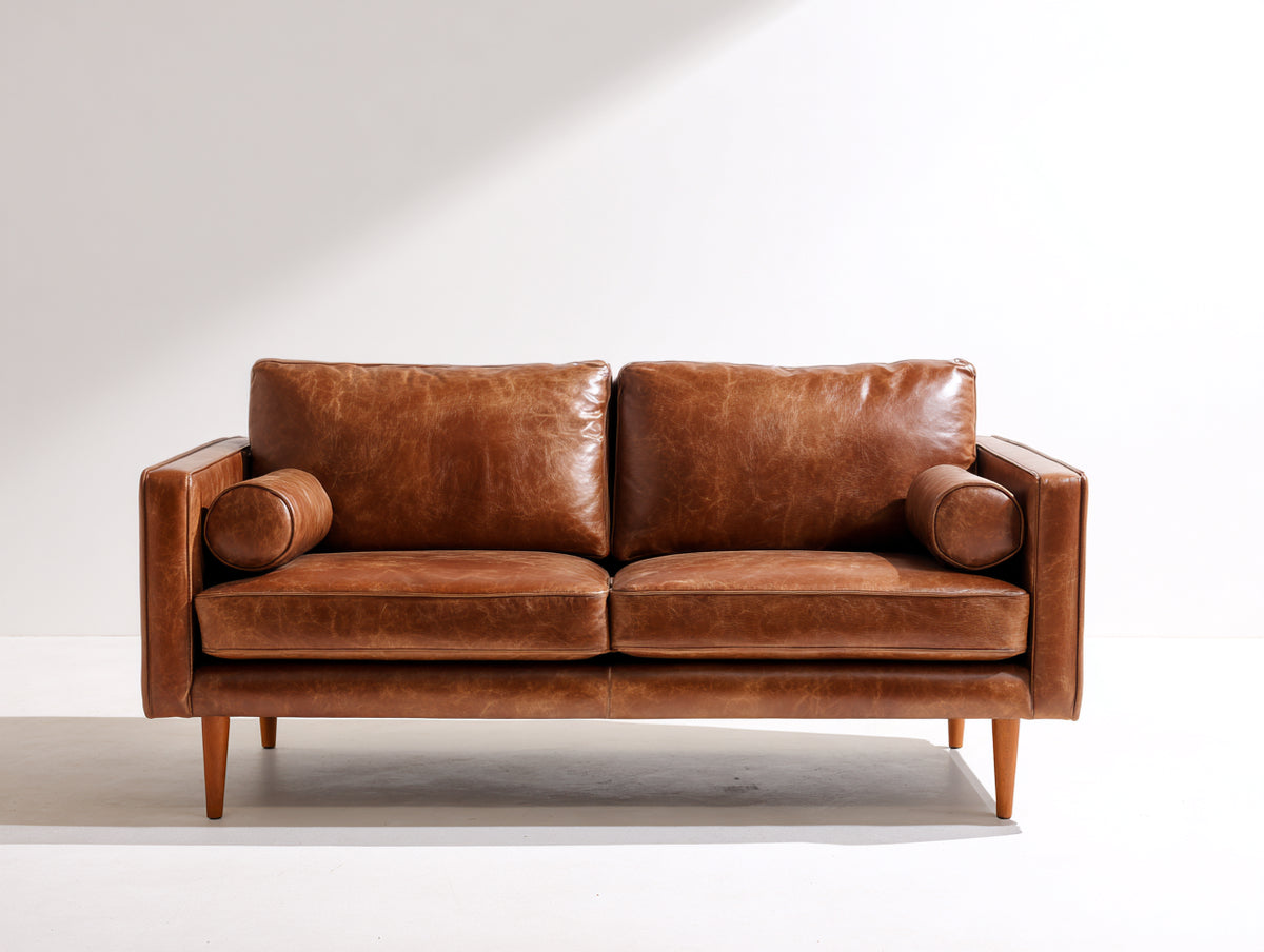Sofás 2 plazas 180x90x85 cm - Cuero - Marrón coñac - Diseño moderno con patas de madera
