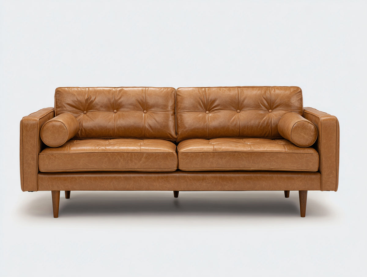Sofás 3 plazas de cuero 218x90x84 cm - coñac - diseño moderno con capitoné y patas de madera