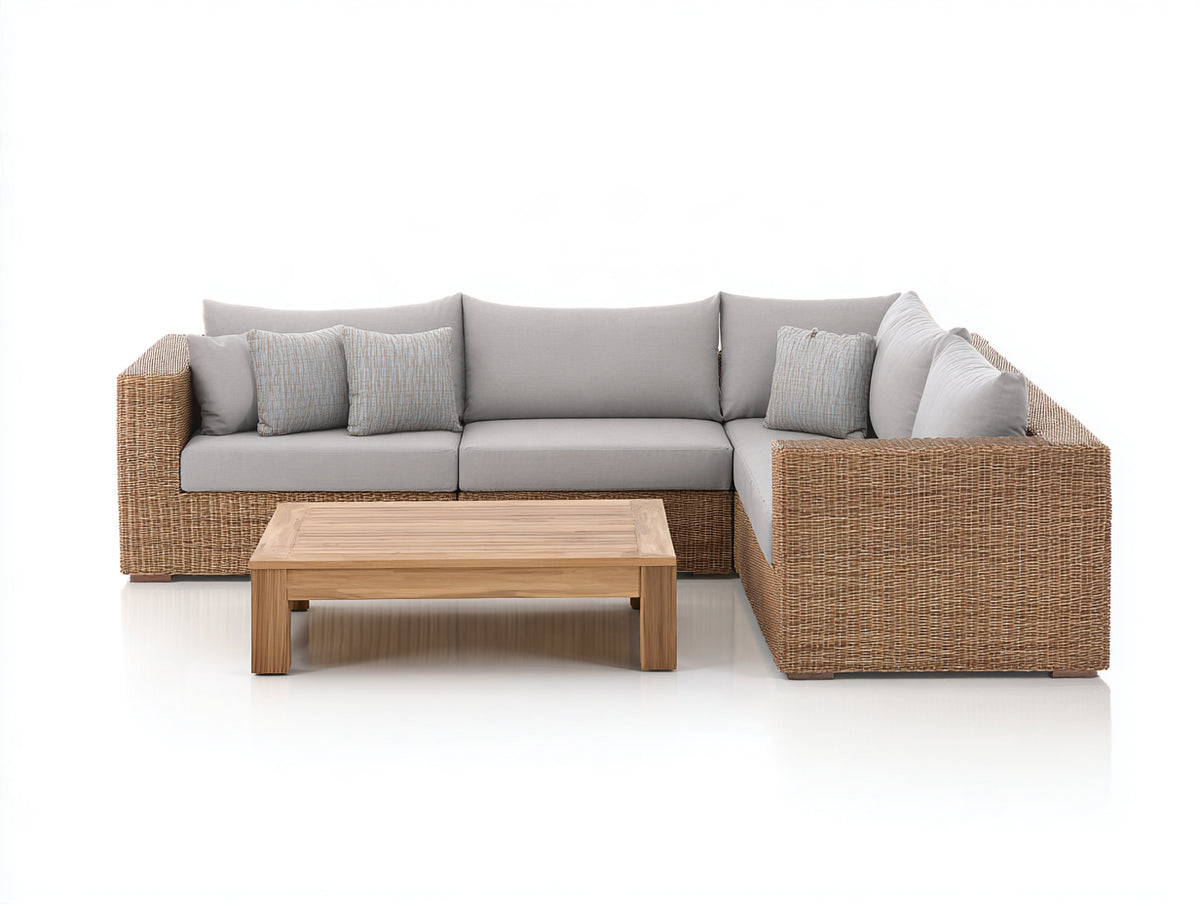 Sofás de exterior 260x210x78 cm - Ratán trenzado y madera - Natural-Gris claro - Diseño modular de esquina con mesa de centro rectangular