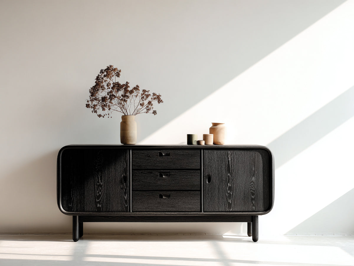 Mueble recibidor 165x45x85 cm - Madera - Negro - Dos puertas y tres cajones con bordes redondeados