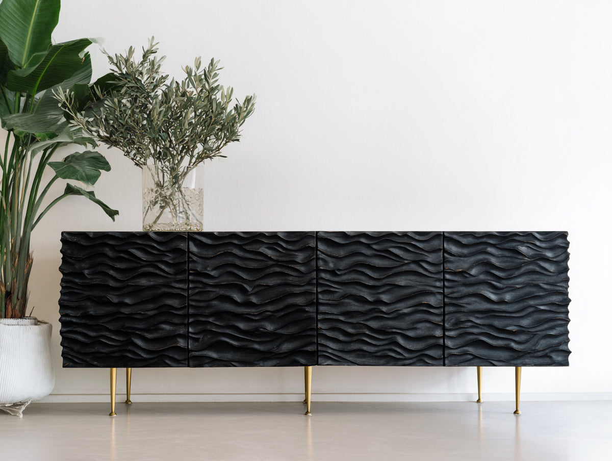 Mueble recibidor 180x40x82 cm - Madera y metal - Negro-Dorado - Cuatro puertas con relieve ondulado