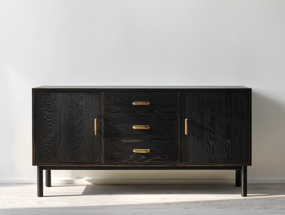 Mueble recibidor 180x45x85 cm - Madera - Negro-Dorado - Dos puertas y tres cajones con patas elevadas