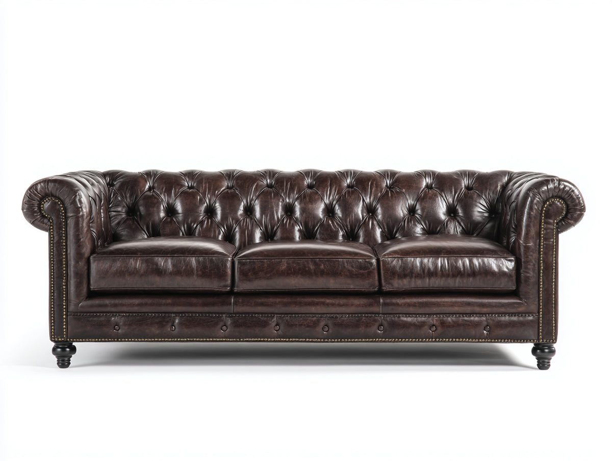 Sofás 3 plazas - Tapizado efecto cuero 220 x 92 x 78 cm - Marrón oscuro con capitoné profundo y brazos enrollados