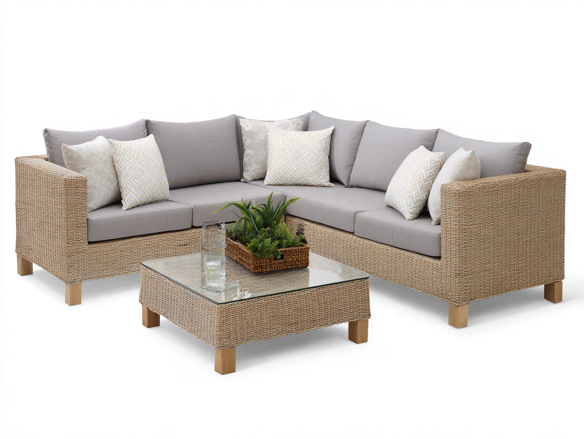 Sofás de exterior - Ratán sintético 250 x 250 x 75 cm - Beige natural y gris claro con mesa de centro cuadrada