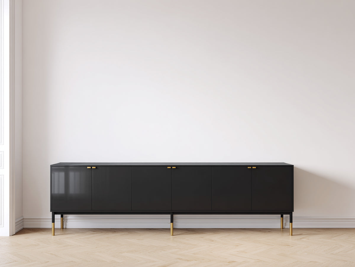 Mueble recibidor - Acabado efecto madera 240 x 45 x 80 cm - Negro con 6 puertas y detalles dorados de diseño moderno