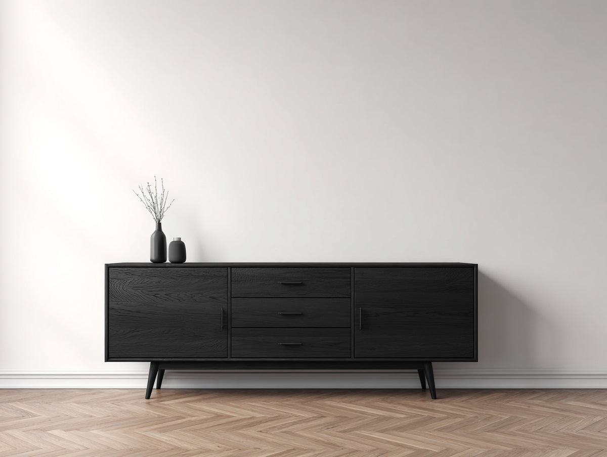 Mueble recibidor - Acabado efecto madera 200 x 45 x 78 cm - Negro con 2 puertas y 3 cajones de diseño moderno
