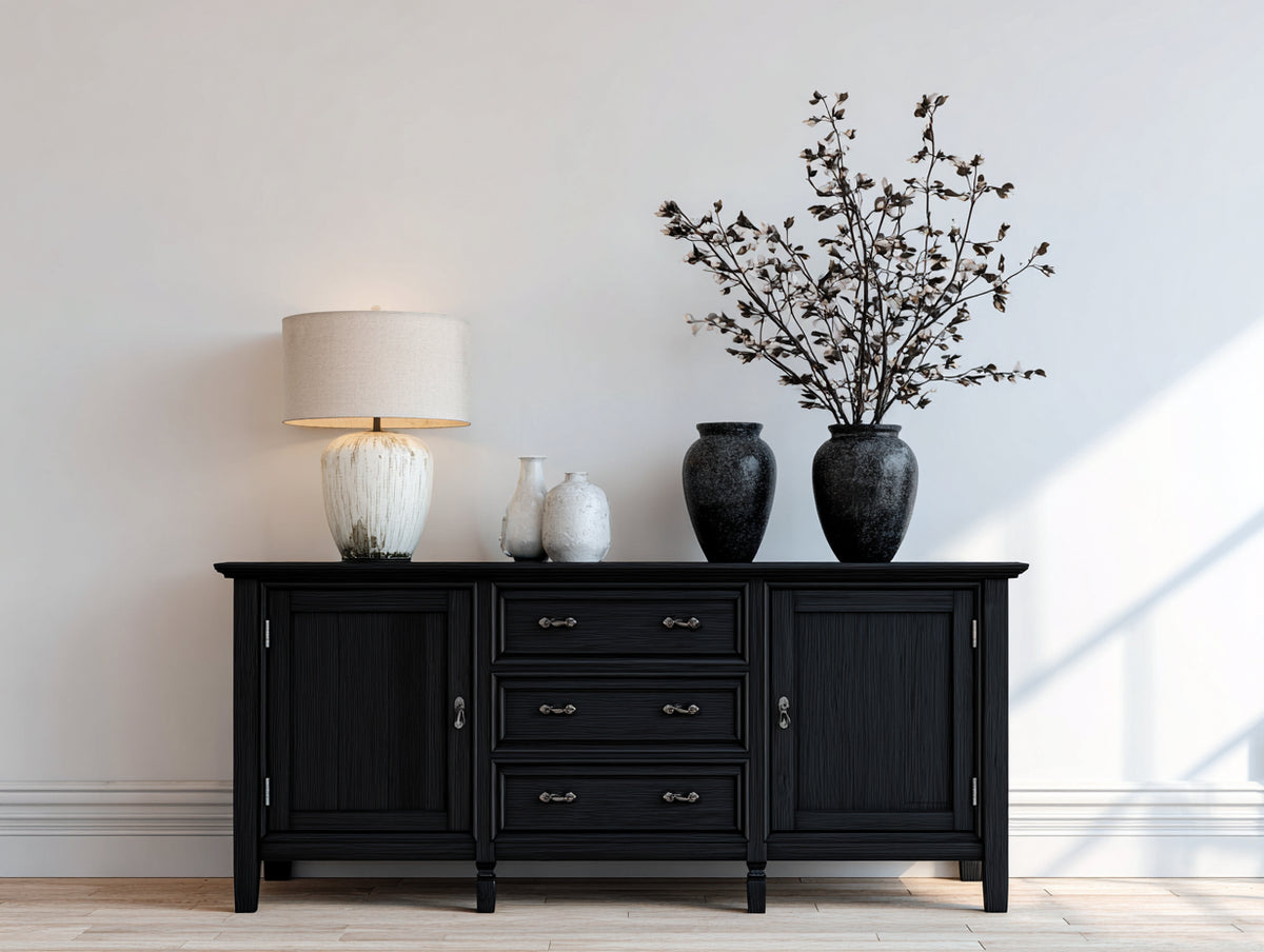 Mueble recibidor - Acabado efecto madera 180 x 45 x 88 cm - Negro con 2 puertas y 3 cajones de estilo clásico