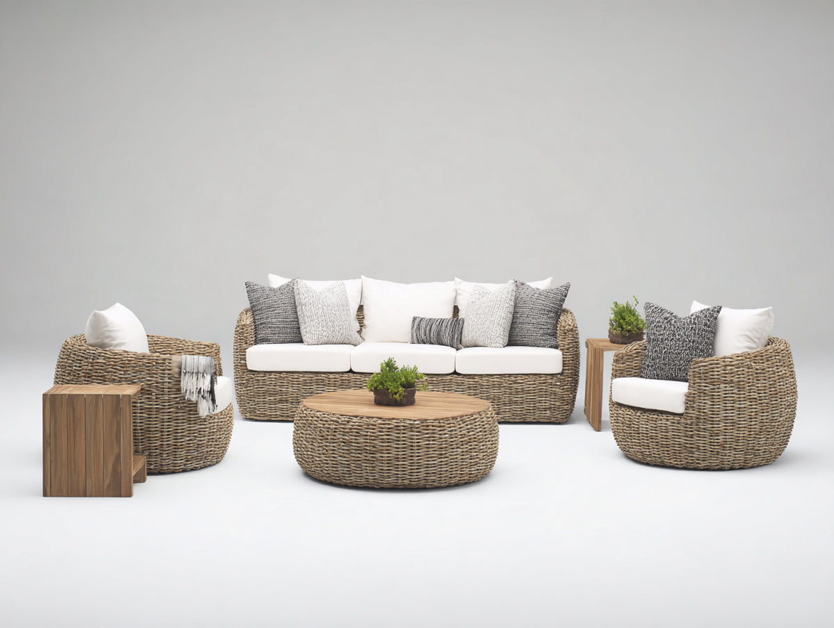 Sofás de exterior 220x85x78 cm - Ratán trenzado y madera - Natural-Blanco - Conjunto de 6 piezas con diseño redondeado