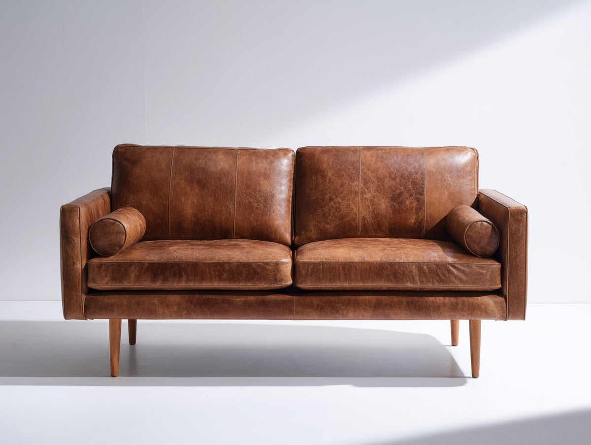 Sofás 2 plazas - Tapizado efecto cuero 180 x 88 x 84 cm - Marrón coñac con patas efecto madera y diseño contemporáneo
